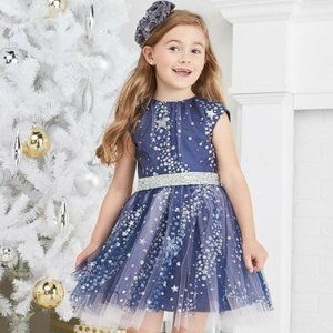 NWT 8 Festive Halabaloo Girls Navy Silver Glitter Stars Tulle Dress